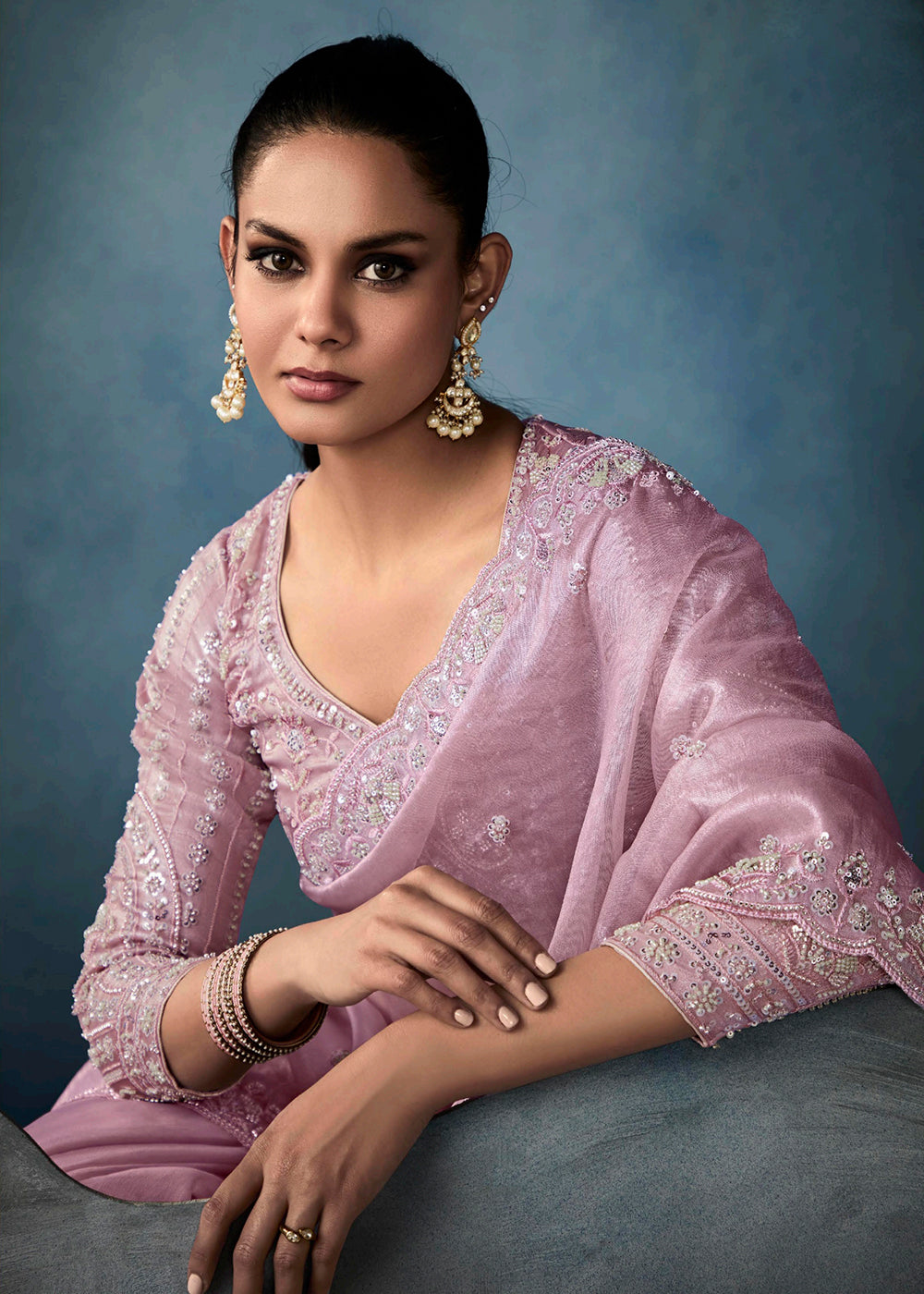 Radiant Pink tissue saree with intricate handwork & cutwork embroidery. Includes matching blouse piece. Perfect for wedding & festivals. Shop Now.