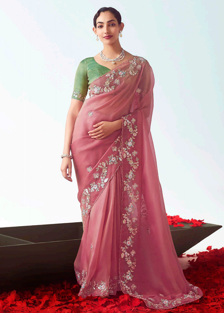 Buy Coral & Pink Fancy Fabric Embroidered Designer Saree Online in USA, UK, Canada, France, Germany, Italy, Denmark, UAE, Singapore & Worldwide at Empress.