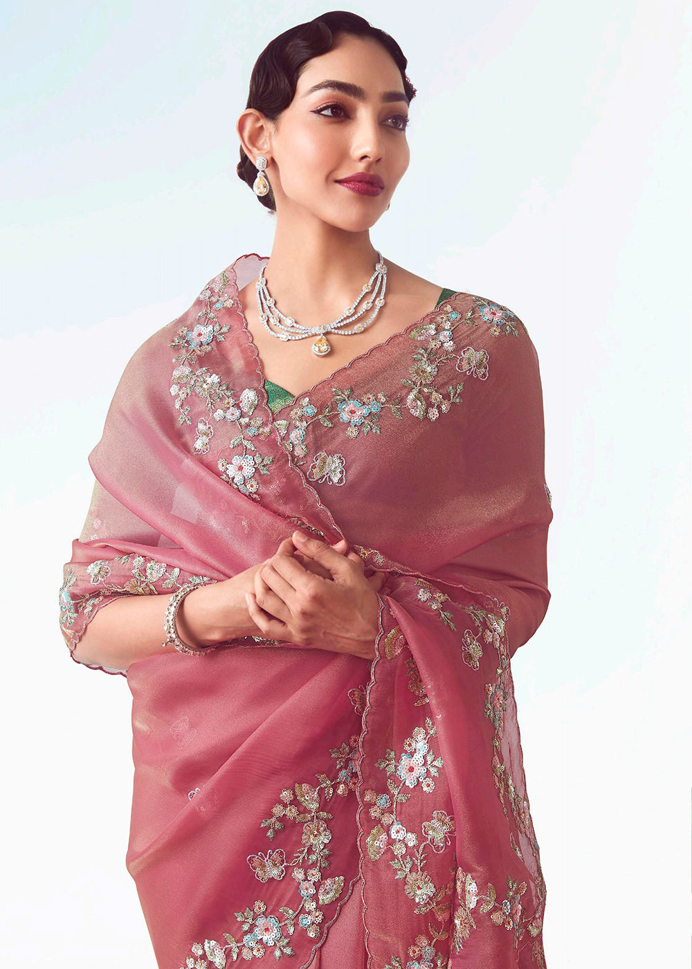 Buy Coral & Pink Fancy Fabric Embroidered Designer Saree Online in USA, UK, Canada, France, Germany, Italy, Denmark, UAE, Singapore & Worldwide at Empress.