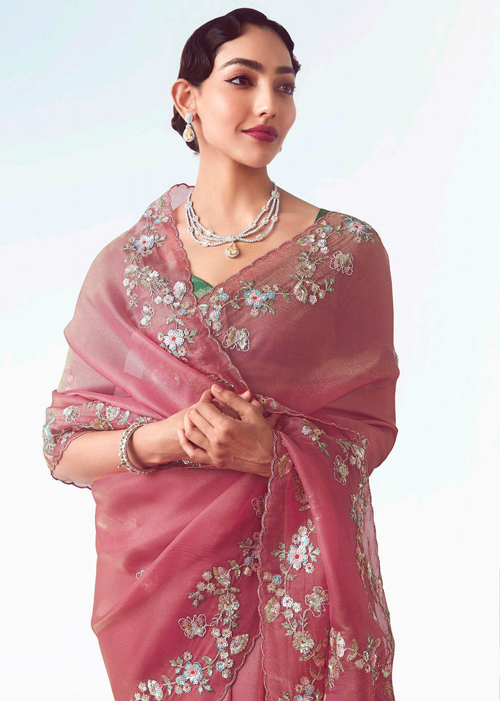 Buy Coral & Pink Fancy Fabric Embroidered Designer Saree Online in USA, UK, Canada, France, Germany, Italy, Denmark, UAE, Singapore & Worldwide at Empress.