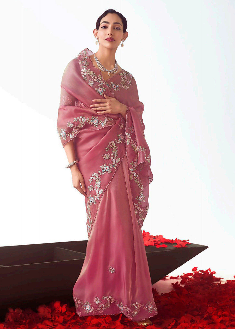 Buy Coral & Pink Fancy Fabric Embroidered Designer Saree Online in USA, UK, Canada, France, Germany, Italy, Denmark, UAE, Singapore & Worldwide at Empress.