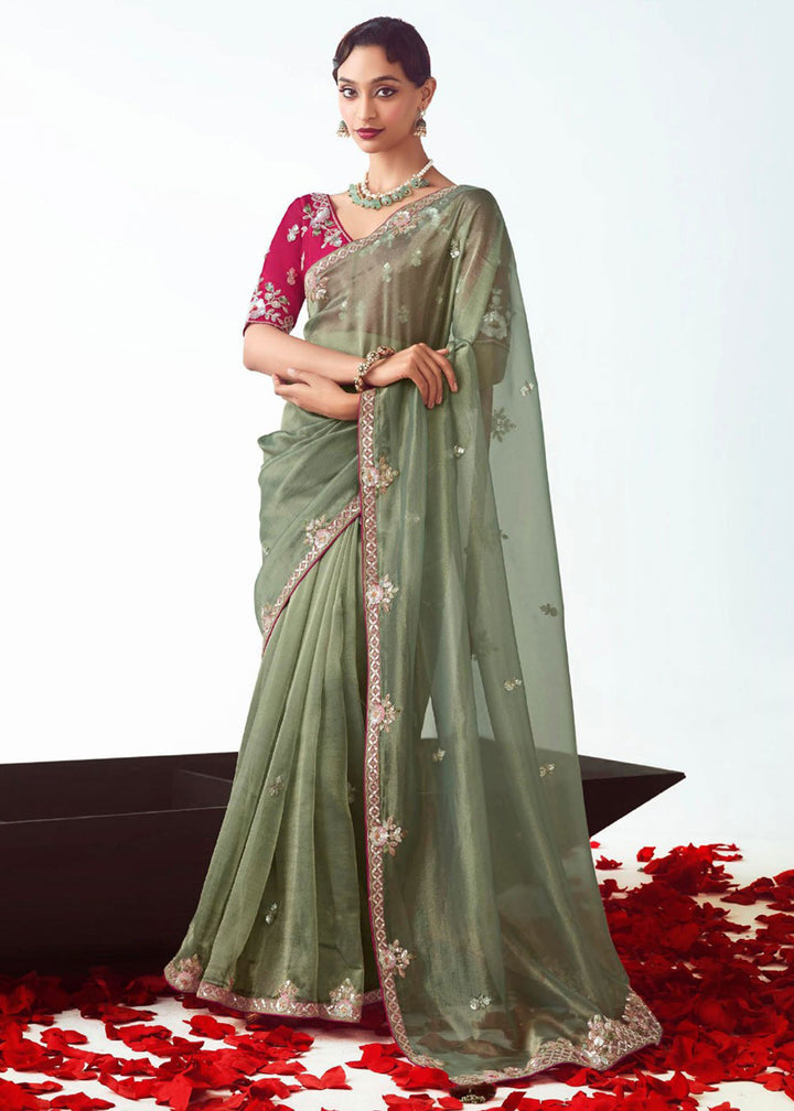 Buy Green & Pink Fancy Fabric Embroidered Designer Saree Online in USA, UK, Canada, France, Germany, Italy, Denmark, UAE, Singapore & Worldwide at Empress.