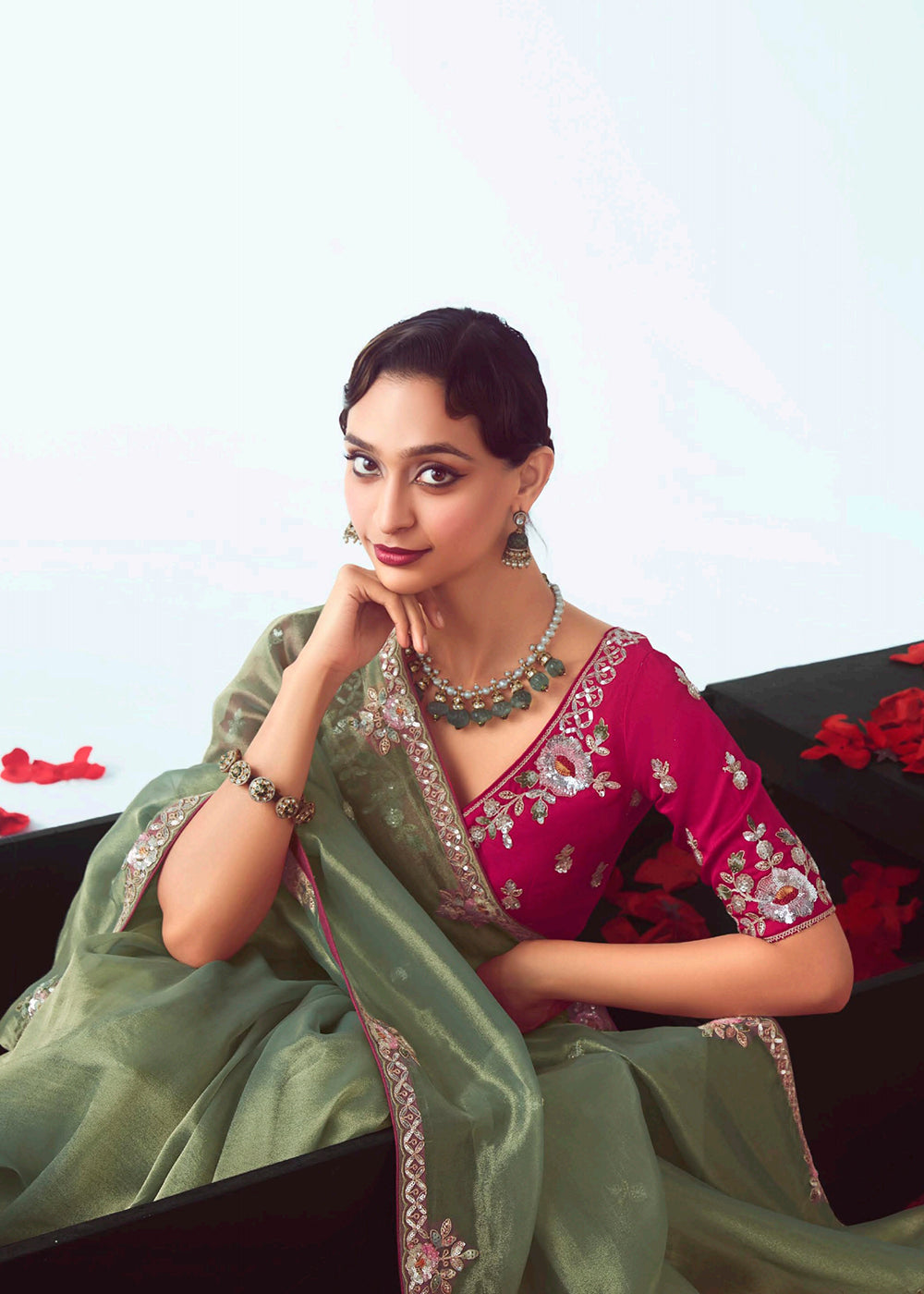 Buy Green & Pink Fancy Fabric Embroidered Designer Saree Online in USA, UK, Canada, France, Germany, Italy, Denmark, UAE, Singapore & Worldwide at Empress.