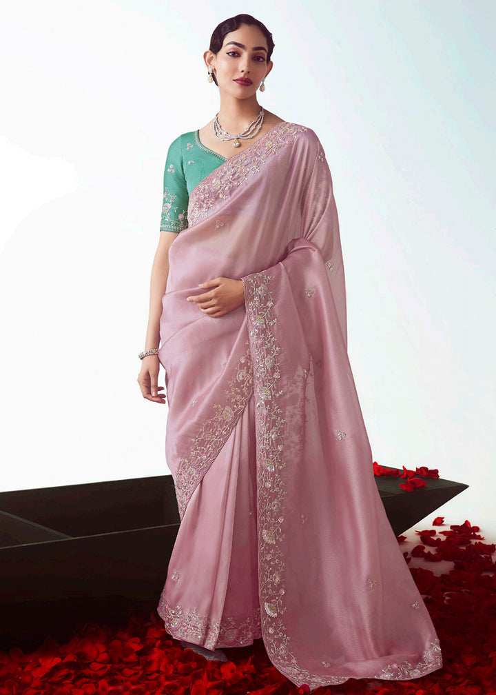 Buy Pink & Teal Fancy Fabric Embroidered Designer Saree Online in USA, UK, Canada, France, Germany, Italy, Denmark, UAE, Singapore & Worldwide at Empress.