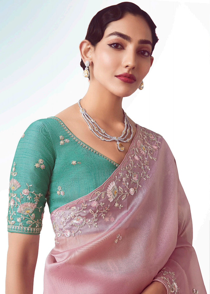 Buy Pink & Teal Fancy Fabric Embroidered Designer Saree Online in USA, UK, Canada, France, Germany, Italy, Denmark, UAE, Singapore & Worldwide at Empress.