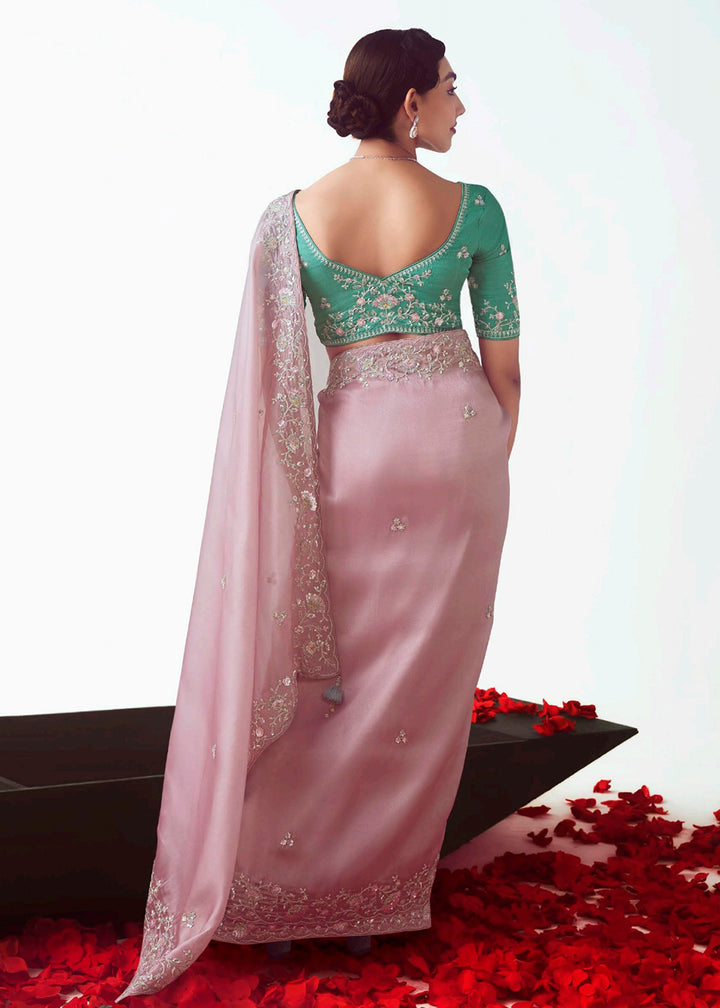 Buy Pink & Teal Fancy Fabric Embroidered Designer Saree Online in USA, UK, Canada, France, Germany, Italy, Denmark, UAE, Singapore & Worldwide at Empress.