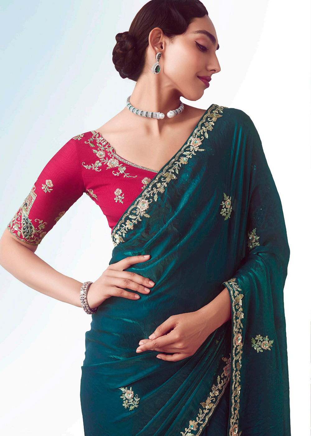 Buy Rama & Pink Fancy Fabric Embroidered Designer Saree Online in USA, UK, Canada, France, Germany, Italy, Denmark, UAE, Singapore & Worldwide at Empress.