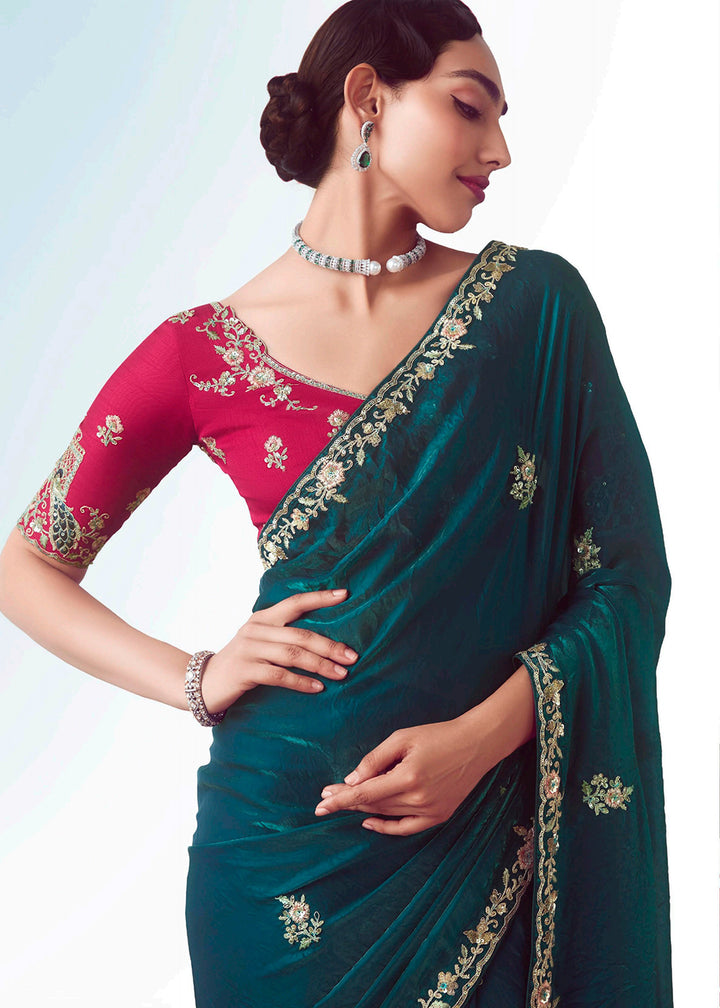 Buy Rama & Pink Fancy Fabric Embroidered Designer Saree Online in USA, UK, Canada, France, Germany, Italy, Denmark, UAE, Singapore & Worldwide at Empress.