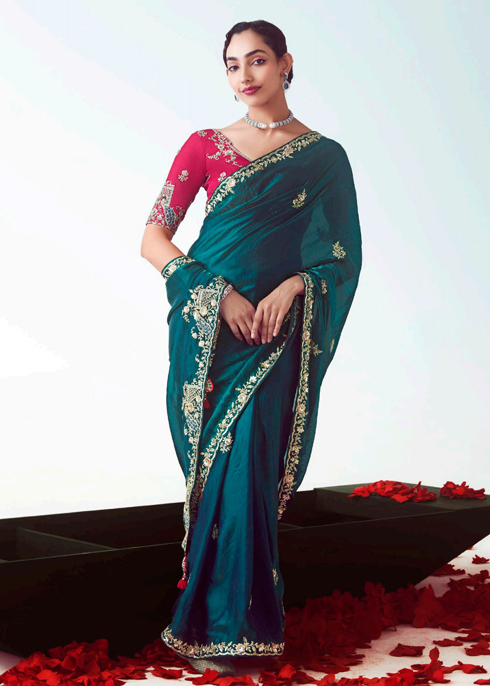 Buy Rama & Pink Fancy Fabric Embroidered Designer Saree Online in USA, UK, Canada, France, Germany, Italy, Denmark, UAE, Singapore & Worldwide at Empress.