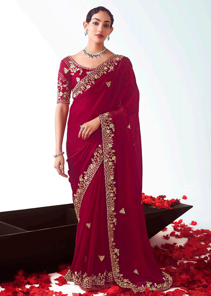 Buy Maroon Fancy Fabric Embroidered Designer Saree Online in USA, UK, Canada, France, Germany, Italy, Denmark, UAE, Singapore, Australia & Worldwide at Empress.