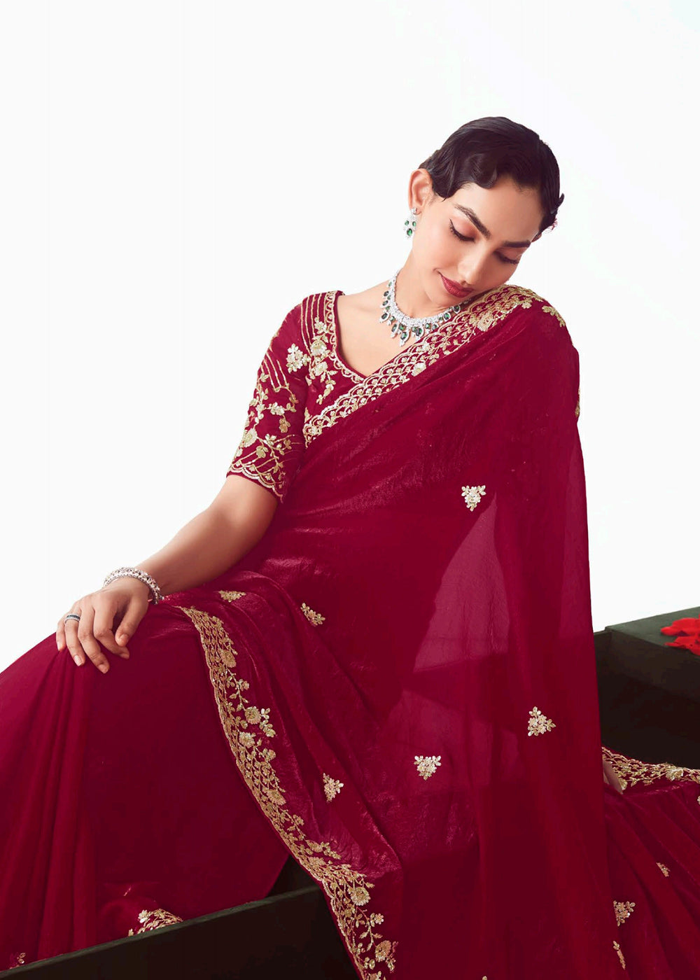 Buy Maroon Fancy Fabric Embroidered Designer Saree Online in USA, UK, Canada, France, Germany, Italy, Denmark, UAE, Singapore, Australia & Worldwide at Empress.