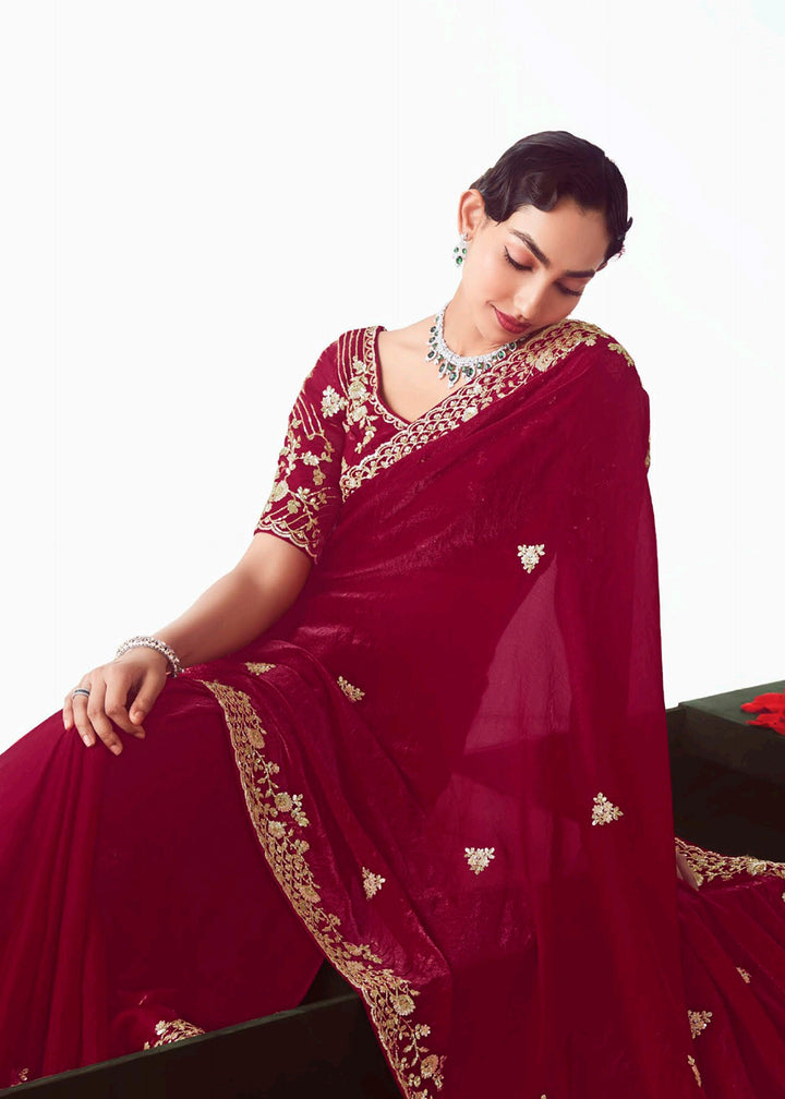 Buy Maroon Fancy Fabric Embroidered Designer Saree Online in USA, UK, Canada, France, Germany, Italy, Denmark, UAE, Singapore, Australia & Worldwide at Empress.