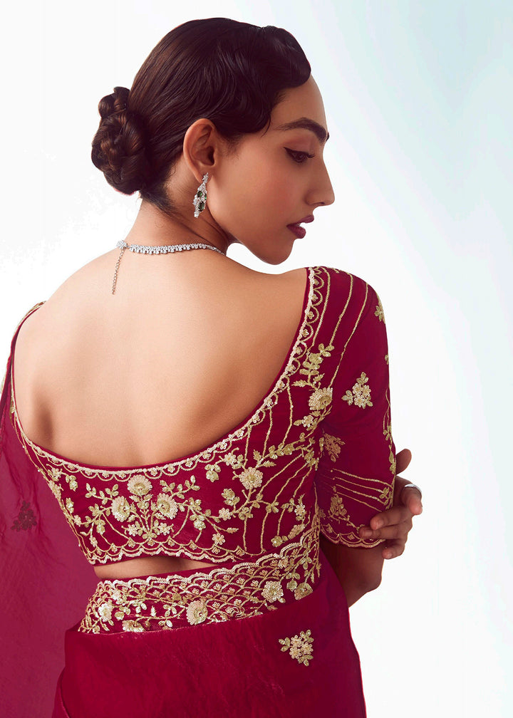 Buy Maroon Fancy Fabric Embroidered Designer Saree Online in USA, UK, Canada, France, Germany, Italy, Denmark, UAE, Singapore, Australia & Worldwide at Empress.