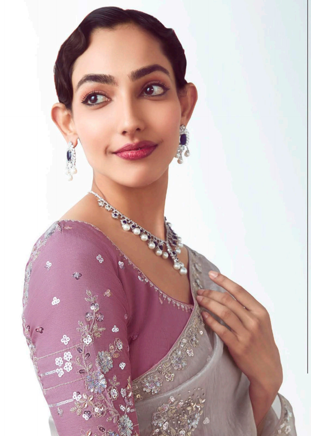 Buy Grey & Lilac Fancy Fabric Embroidered Designer Saree Online in USA, UK, Canada, France, Germany, Italy, Denmark, UAE, Singapore & Worldwide at Empress.