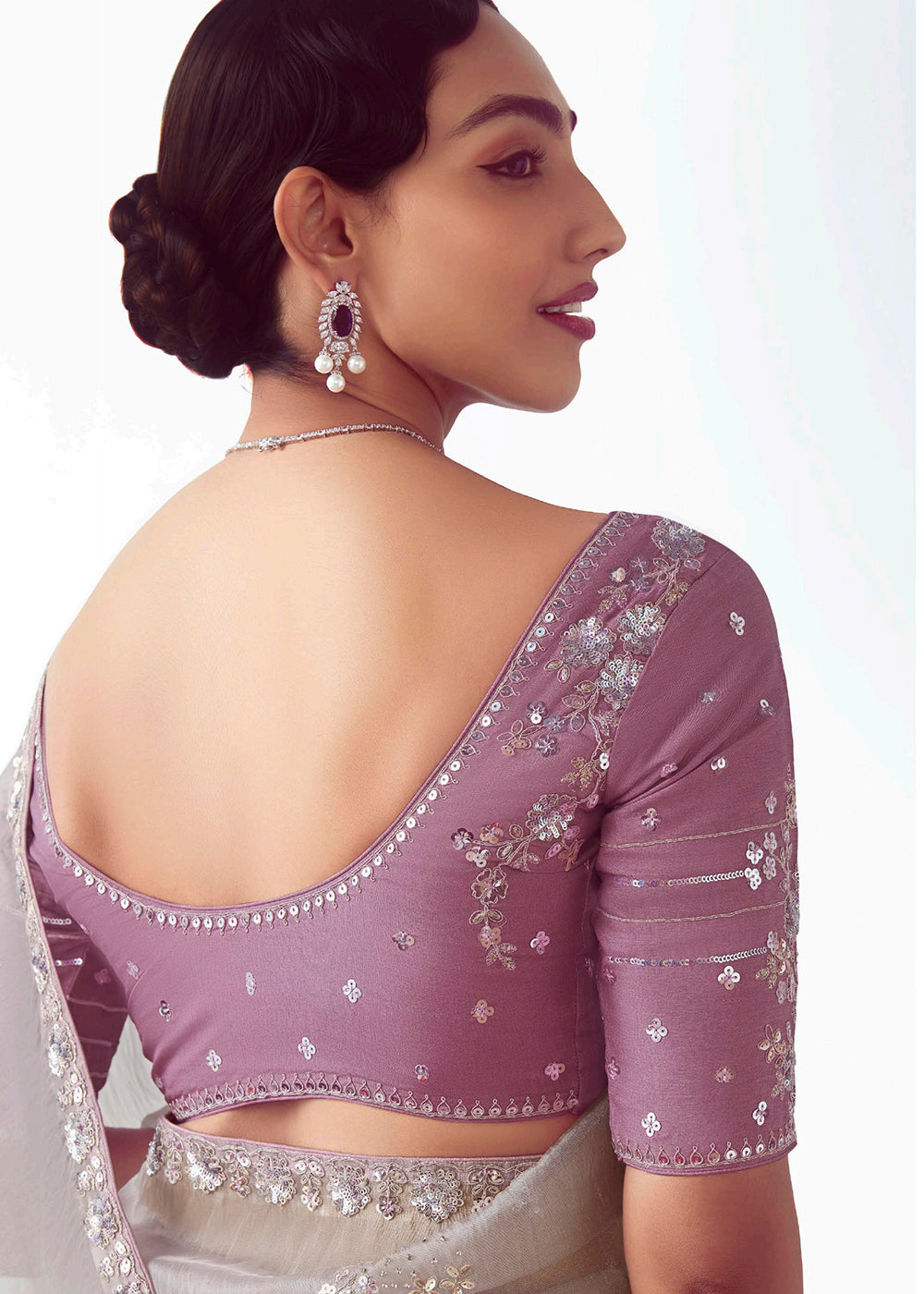 Buy Grey & Lilac Fancy Fabric Embroidered Designer Saree Online in USA, UK, Canada, France, Germany, Italy, Denmark, UAE, Singapore & Worldwide at Empress.