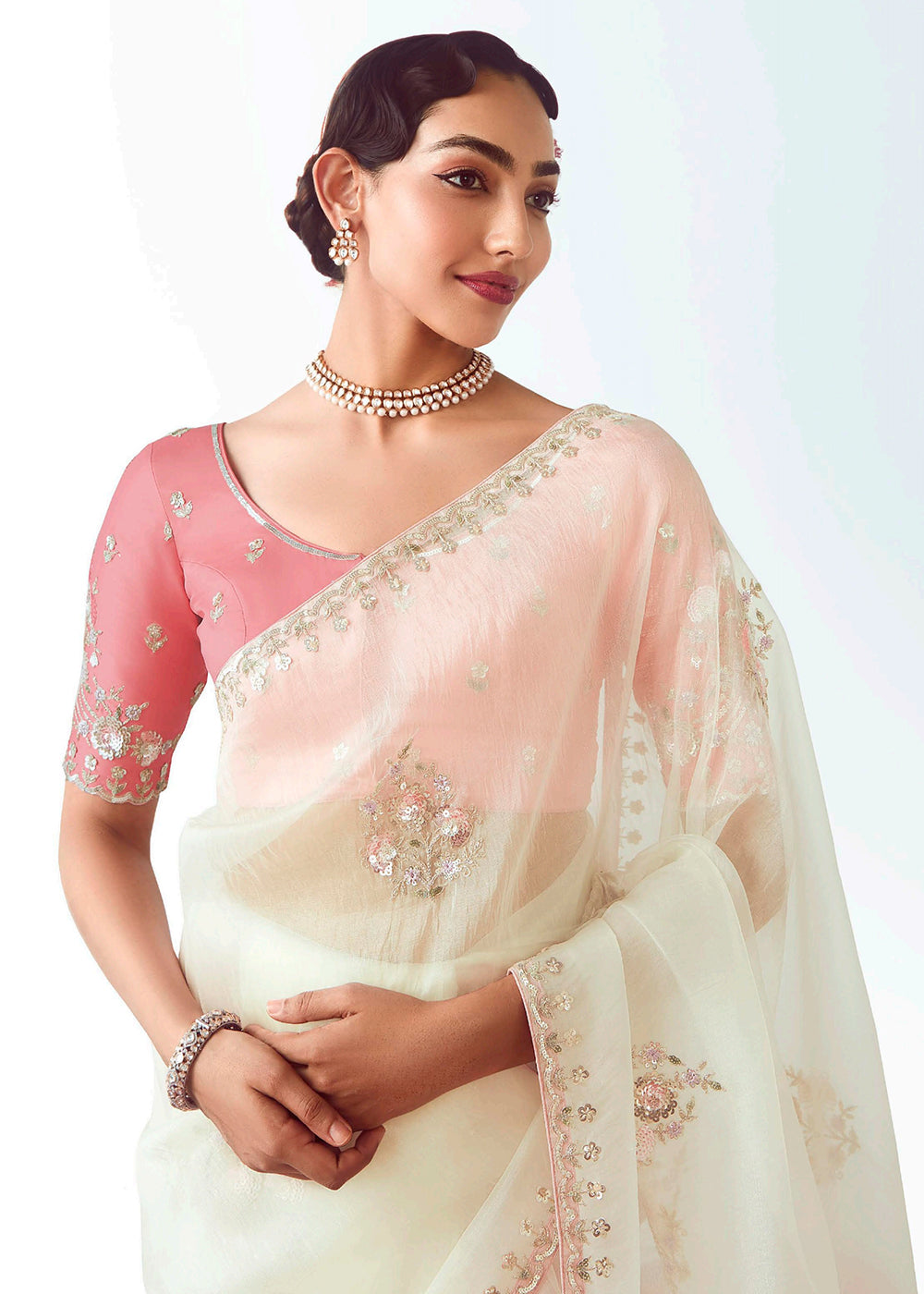Buy Off White & Pink Fancy Fabric Embroidered Designer Saree Online in USA, UK, Canada, France, Germany, Italy, Denmark, UAE, Singapore & Worldwide at Empress