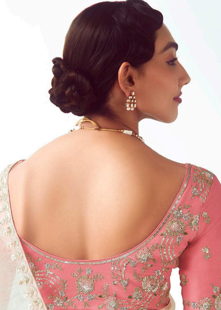 Buy Off White & Pink Fancy Fabric Embroidered Designer Saree Online in USA, UK, Canada, France, Germany, Italy, Denmark, UAE, Singapore & Worldwide at Empress