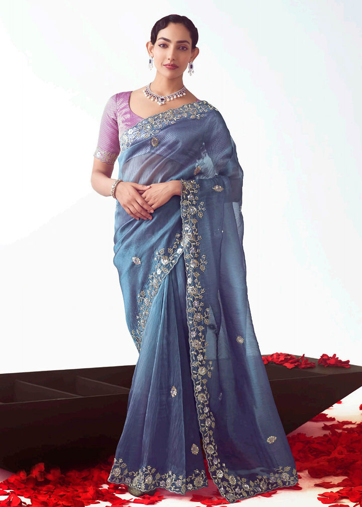 Buy Blue & Purple Fancy Fabric Embroidered Designer Saree Online in USA, UK, Canada, France, Germany, Italy, Denmark, UAE, Singapore & Worldwide at Empress