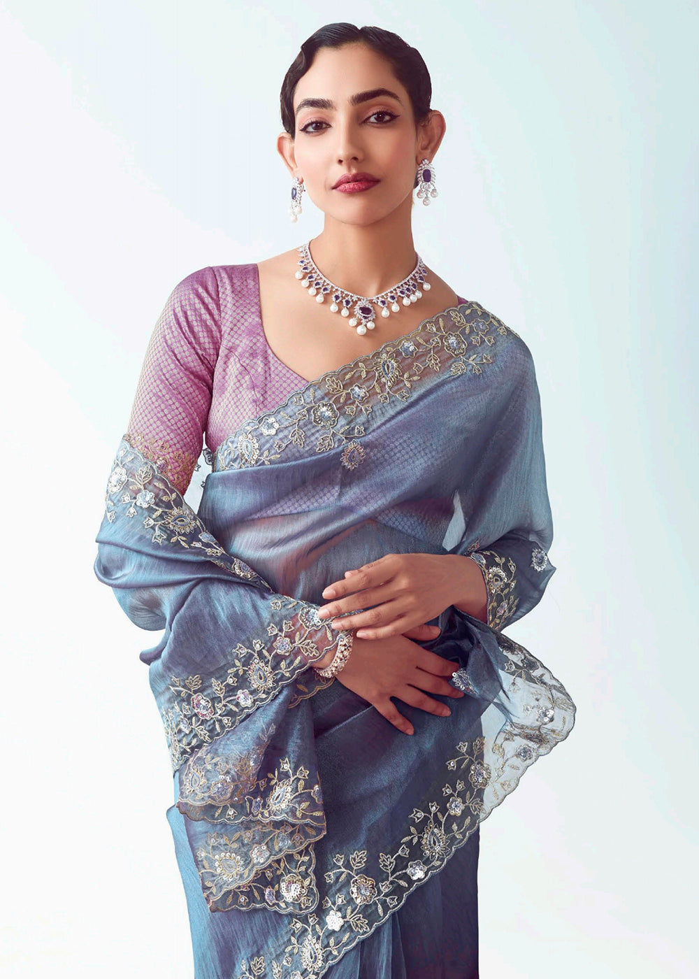 Buy Blue & Purple Fancy Fabric Embroidered Designer Saree Online in USA, UK, Canada, France, Germany, Italy, Denmark, UAE, Singapore & Worldwide at Empress