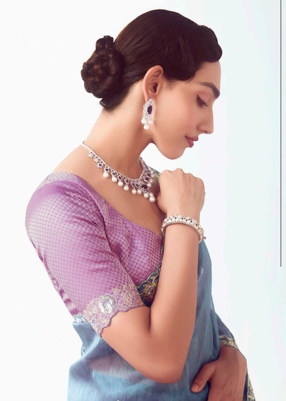 Buy Blue & Purple Fancy Fabric Embroidered Designer Saree Online in USA, UK, Canada, France, Germany, Italy, Denmark, UAE, Singapore & Worldwide at Empress