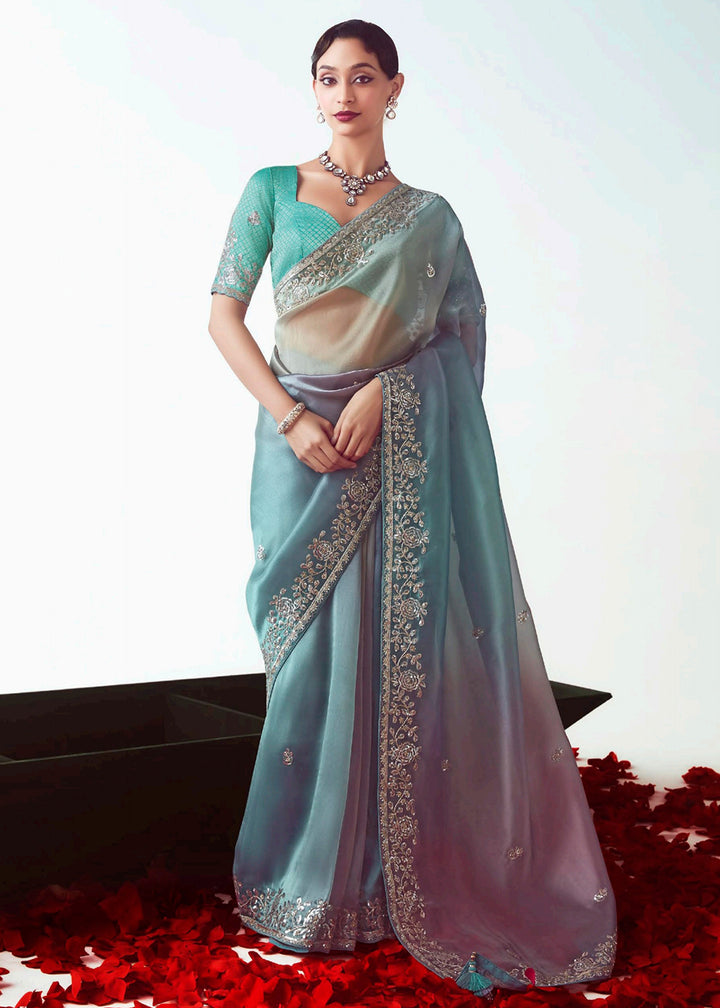 Buy Ombre Blue & Sky Fancy Fabric Embroidered Designer Saree Online in USA, UK, Canada, France, Germany, Italy, Denmark, UAE, Singapore, Australia & Worldwide at Empress.