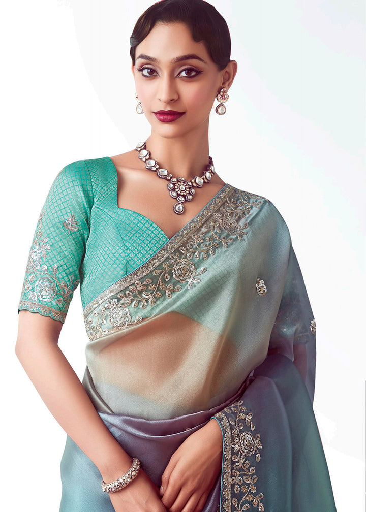 Buy Ombre Blue & Sky Fancy Fabric Embroidered Designer Saree Online in USA, UK, Canada, France, Germany, Italy, Denmark, UAE, Singapore, Australia & Worldwide at Empress.