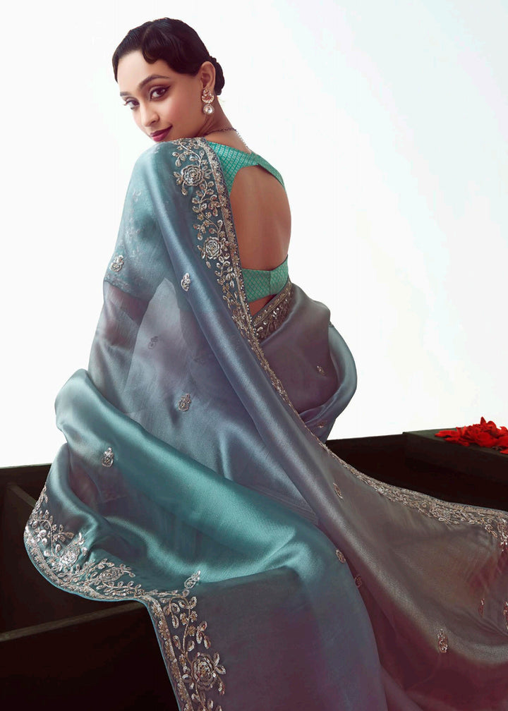 Buy Ombre Blue & Sky Fancy Fabric Embroidered Designer Saree Online in USA, UK, Canada, France, Germany, Italy, Denmark, UAE, Singapore, Australia & Worldwide at Empress.