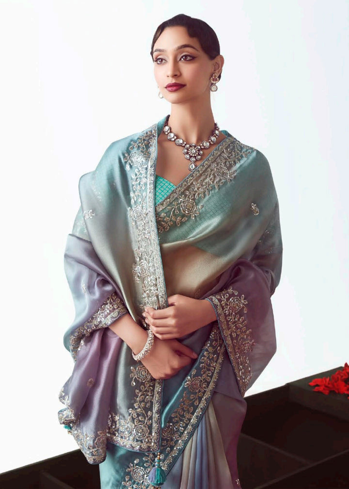 Buy Ombre Blue & Sky Fancy Fabric Embroidered Designer Saree Online in USA, UK, Canada, France, Germany, Italy, Denmark, UAE, Singapore, Australia & Worldwide at Empress.