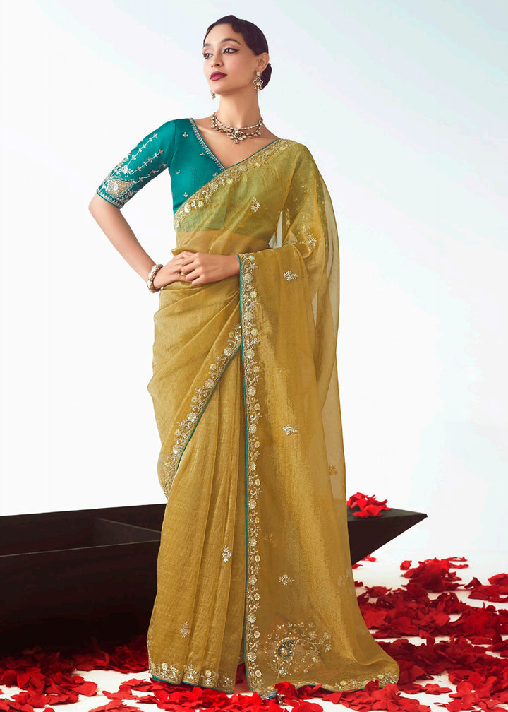 Buy Yellow & Teal Fancy Fabric Embroidered Designer Saree Online in USA, UK, Canada, France, Germany, Italy, Denmark, UAE, Singapore, Australia & Worldwide at Empress.