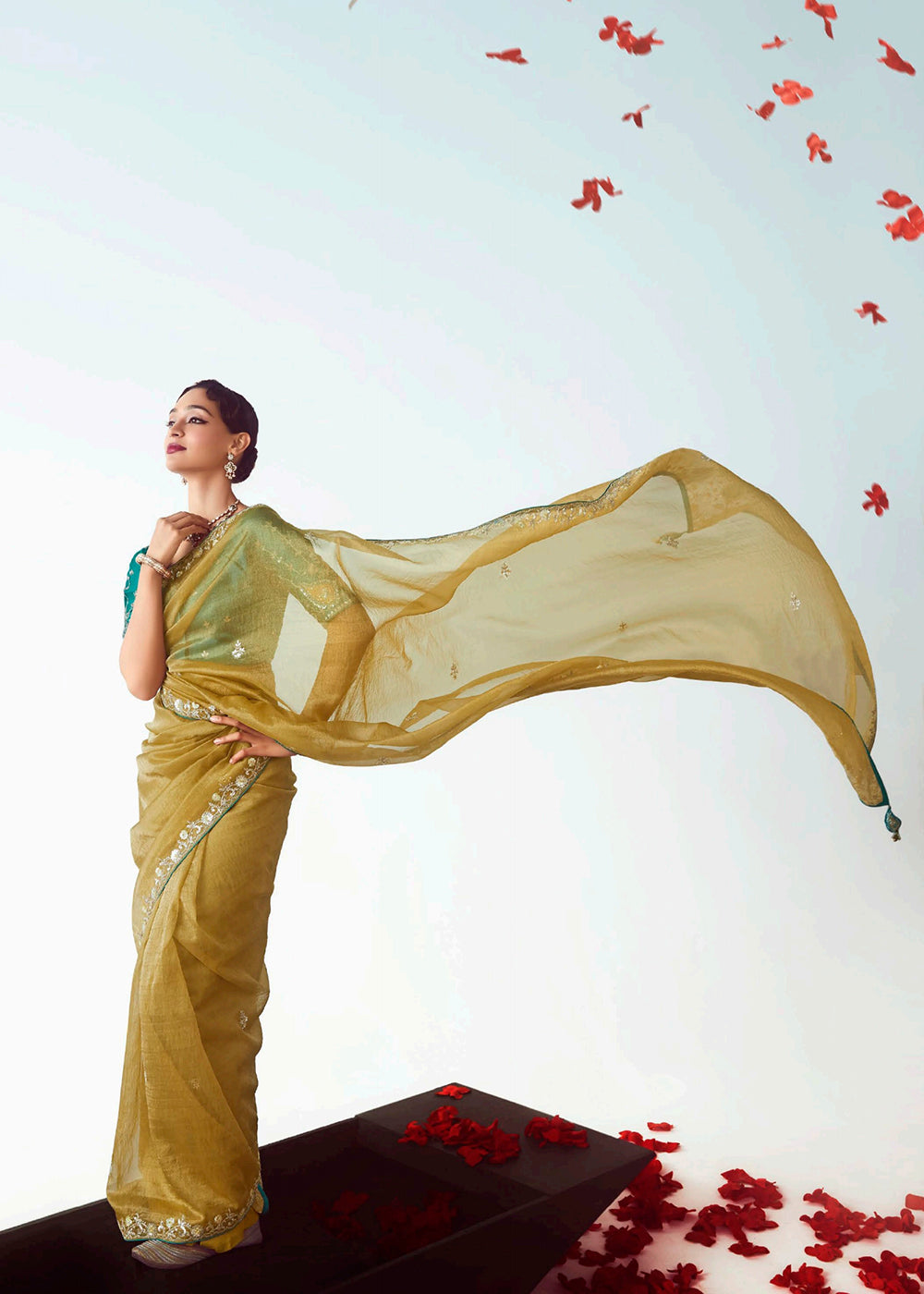 Buy Yellow & Teal Fancy Fabric Embroidered Designer Saree Online in USA, UK, Canada, France, Germany, Italy, Denmark, UAE, Singapore, Australia & Worldwide at Empress.