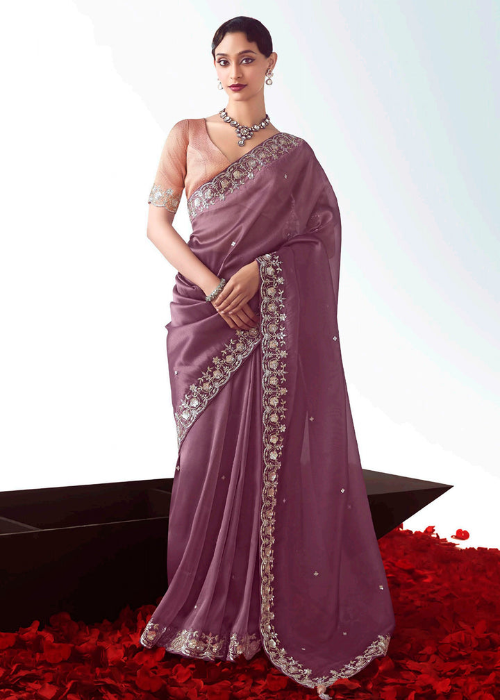 Buy Mauve & Peach Fancy Fabric Embroidered Designer Saree Online in USA, UK, Canada, France, Germany, Italy, Denmark, UAE, Singapore, Australia & Worldwide at Empress.