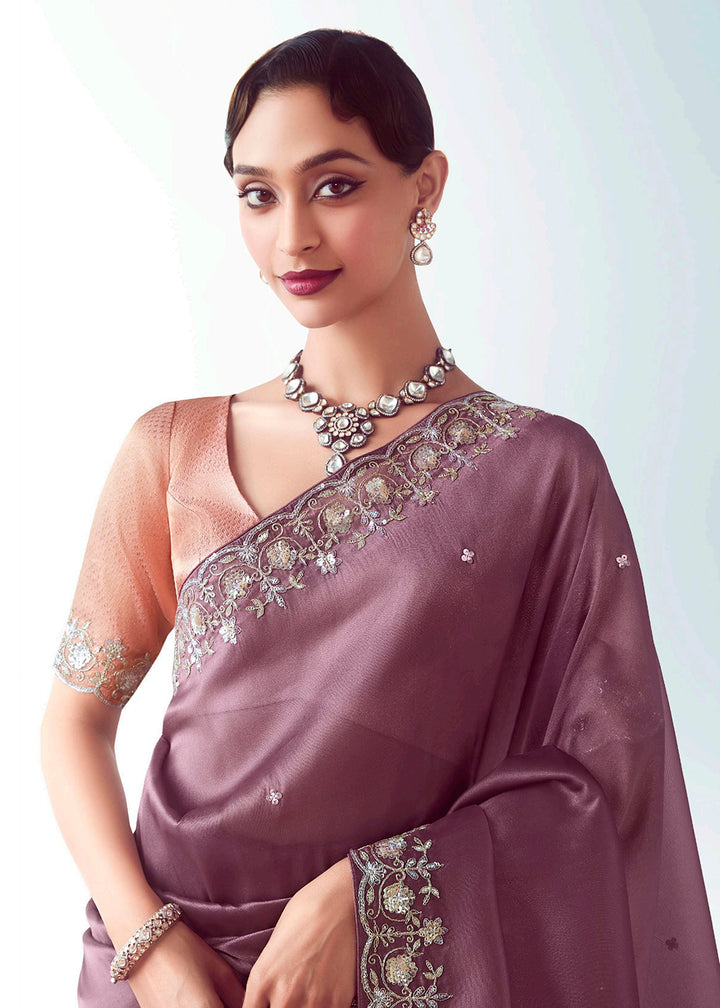 Buy Mauve & Peach Fancy Fabric Embroidered Designer Saree Online in USA, UK, Canada, France, Germany, Italy, Denmark, UAE, Singapore, Australia & Worldwide at Empress.
