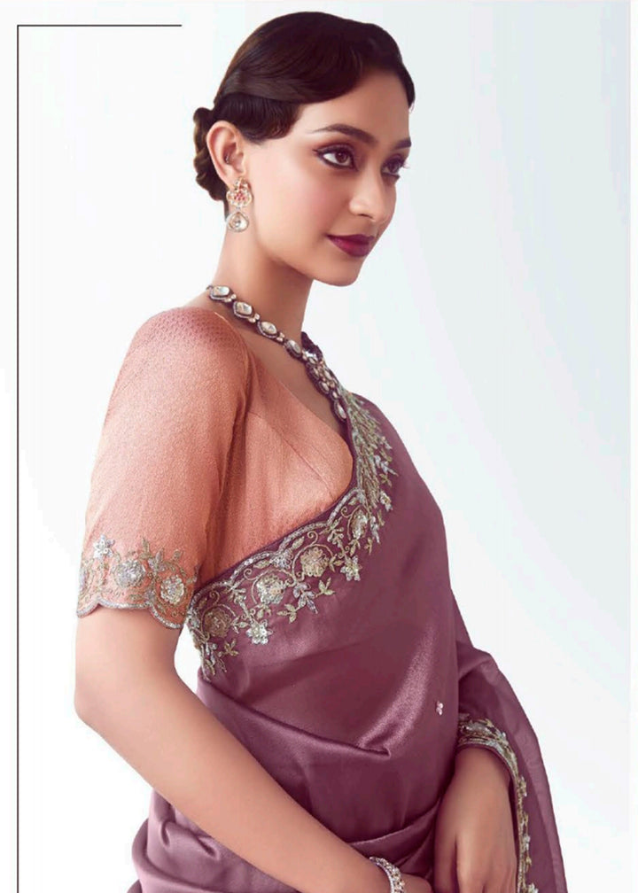 Buy Mauve & Peach Fancy Fabric Embroidered Designer Saree Online in USA, UK, Canada, France, Germany, Italy, Denmark, UAE, Singapore, Australia & Worldwide at Empress.