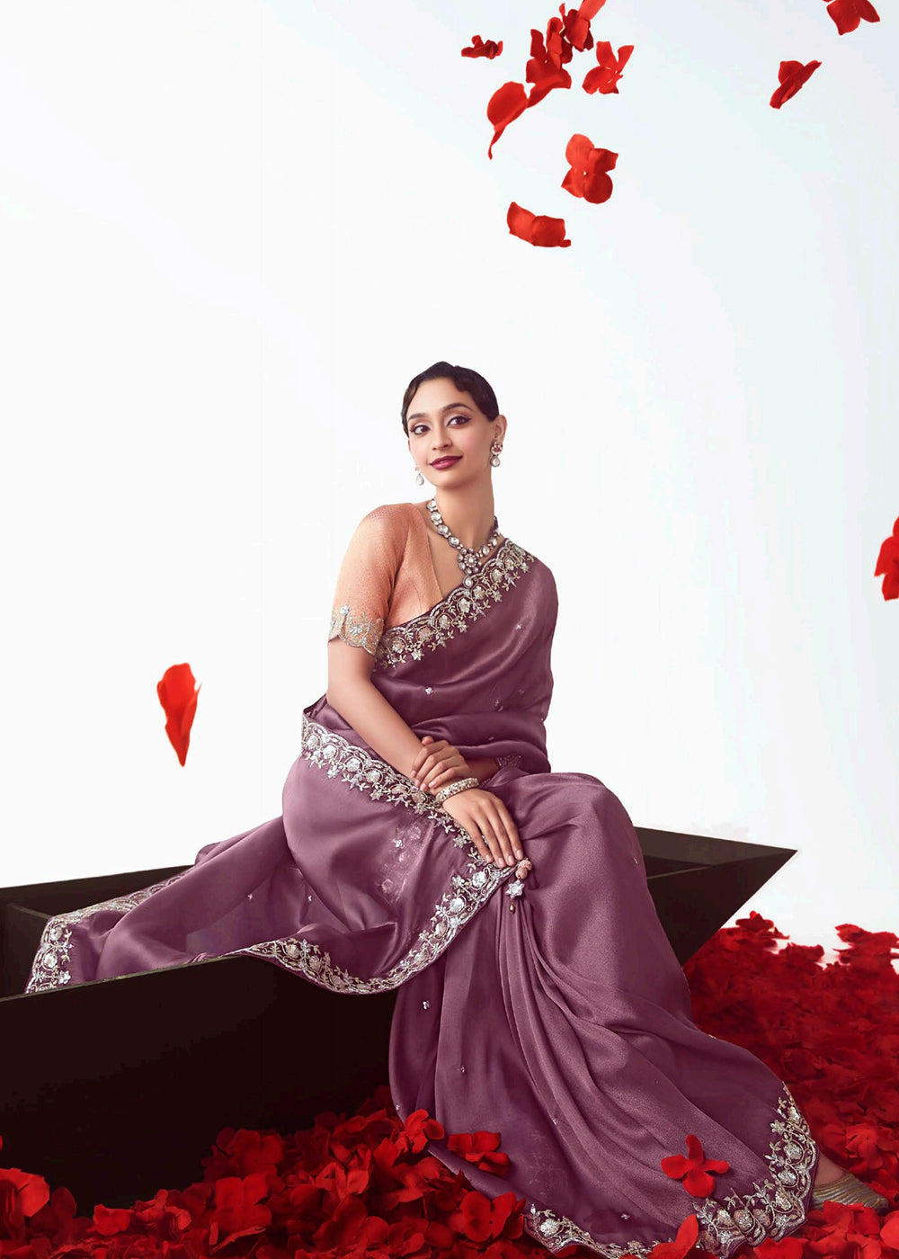 Buy Mauve & Peach Fancy Fabric Embroidered Designer Saree Online in USA, UK, Canada, France, Germany, Italy, Denmark, UAE, Singapore, Australia & Worldwide at Empress.