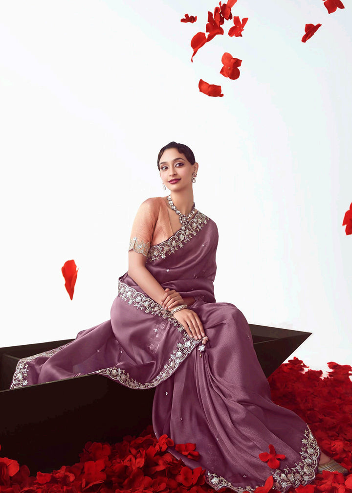 Buy Mauve & Peach Fancy Fabric Embroidered Designer Saree Online in USA, UK, Canada, France, Germany, Italy, Denmark, UAE, Singapore, Australia & Worldwide at Empress.