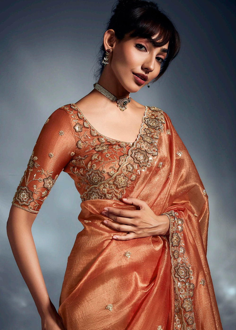 Buy Orange Organza Khatri Work Designer Party Saree Online in USA, UK, Canada, France, Germany, Italy, Denmark, UAE, Singapore, Belgium & Worldwide at Empress.