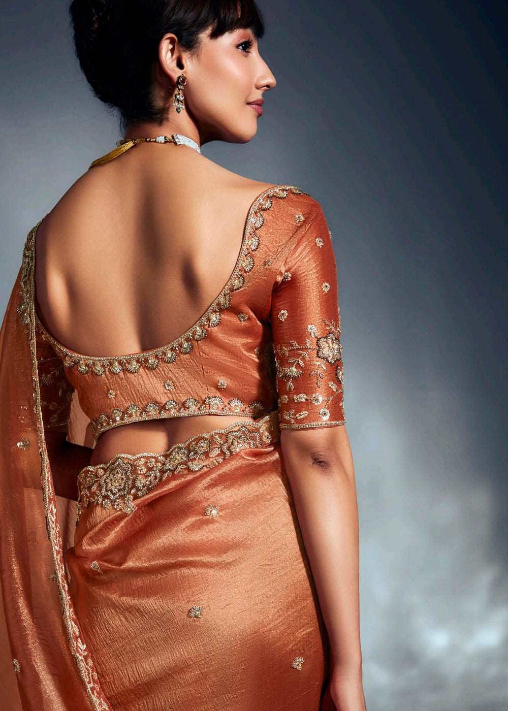 Buy Orange Organza Khatri Work Designer Party Saree Online in USA, UK, Canada, France, Germany, Italy, Denmark, UAE, Singapore, Belgium & Worldwide at Empress.