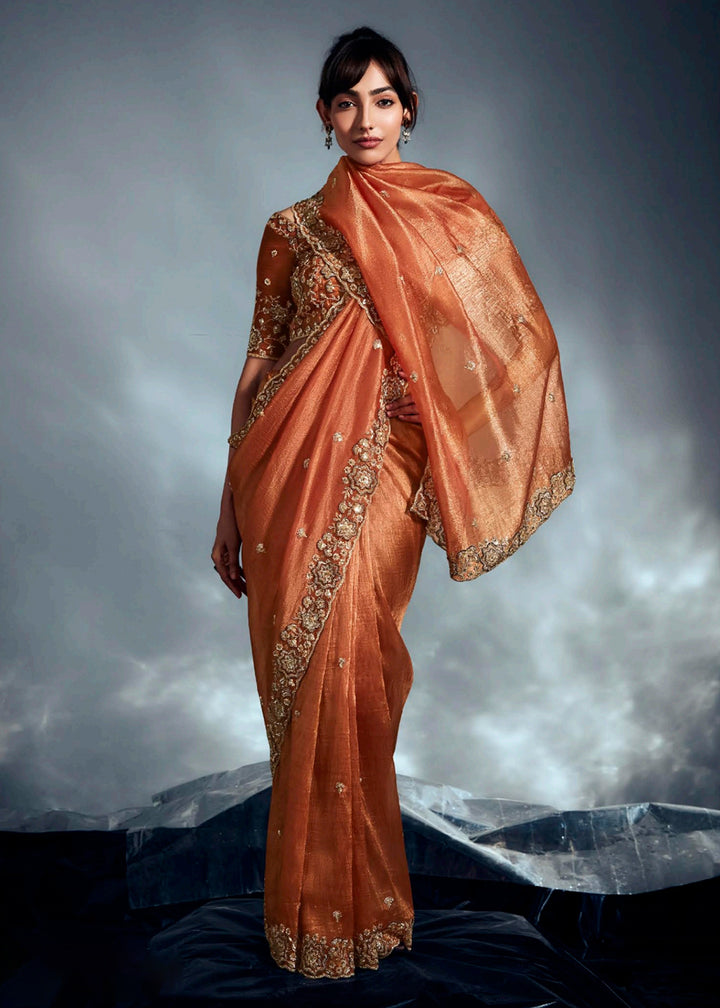 Buy Orange Organza Khatli Work Designer Party Saree Online in USA, UK, Canada, France, Germany, Italy, Denmark, UAE, Singapore, Belgium & Worldwide at Empress.
