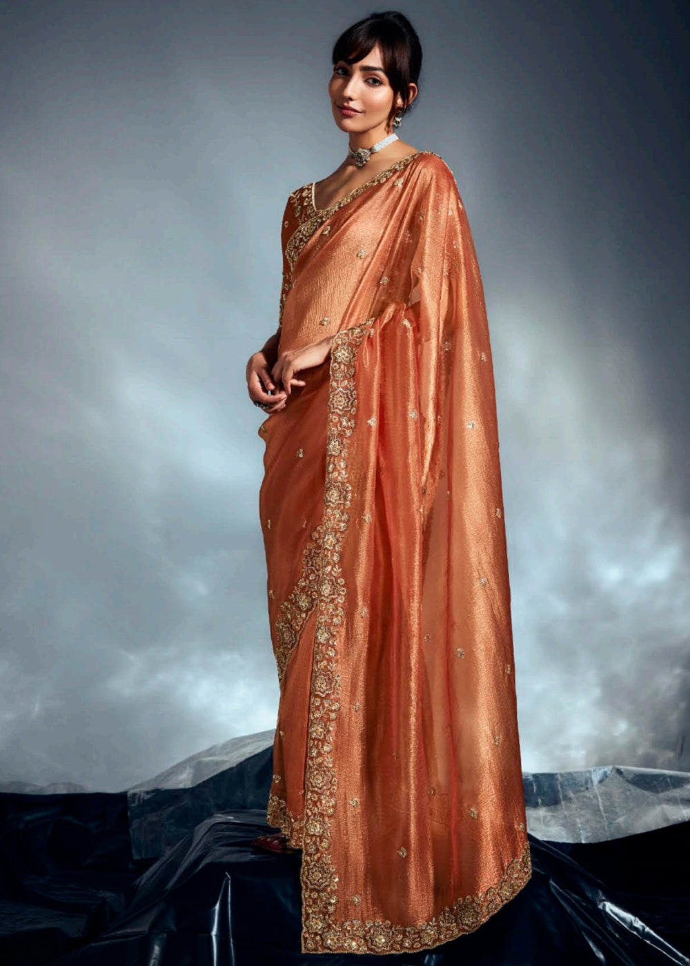 Buy Orange Organza Khatli Work Designer Party Saree Online in USA, UK, Canada, France, Germany, Italy, Denmark, UAE, Singapore, Belgium & Worldwide at Empress.