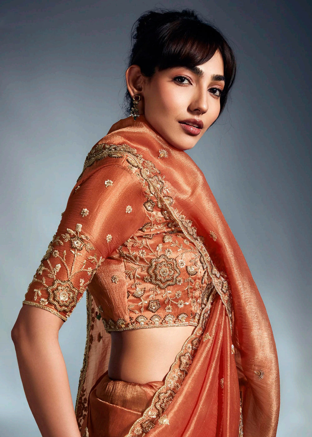 Buy Orange Organza Khatli Work Designer Party Saree Online in USA, UK, Canada, France, Germany, Italy, Denmark, UAE, Singapore, Belgium & Worldwide at Empress.