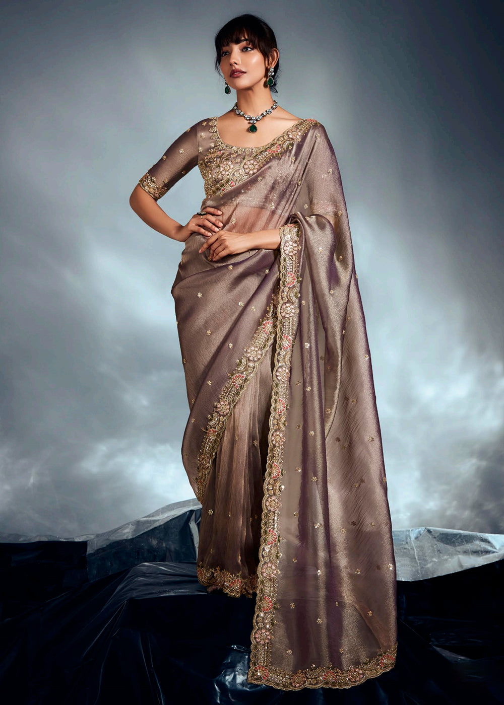 Buy Brown Organza Khatli Work Designer Party Saree Online in USA, UK, Canada, France, Germany, Italy, Denmark, UAE, Singapore, Belgium & Worldwide at Empress.