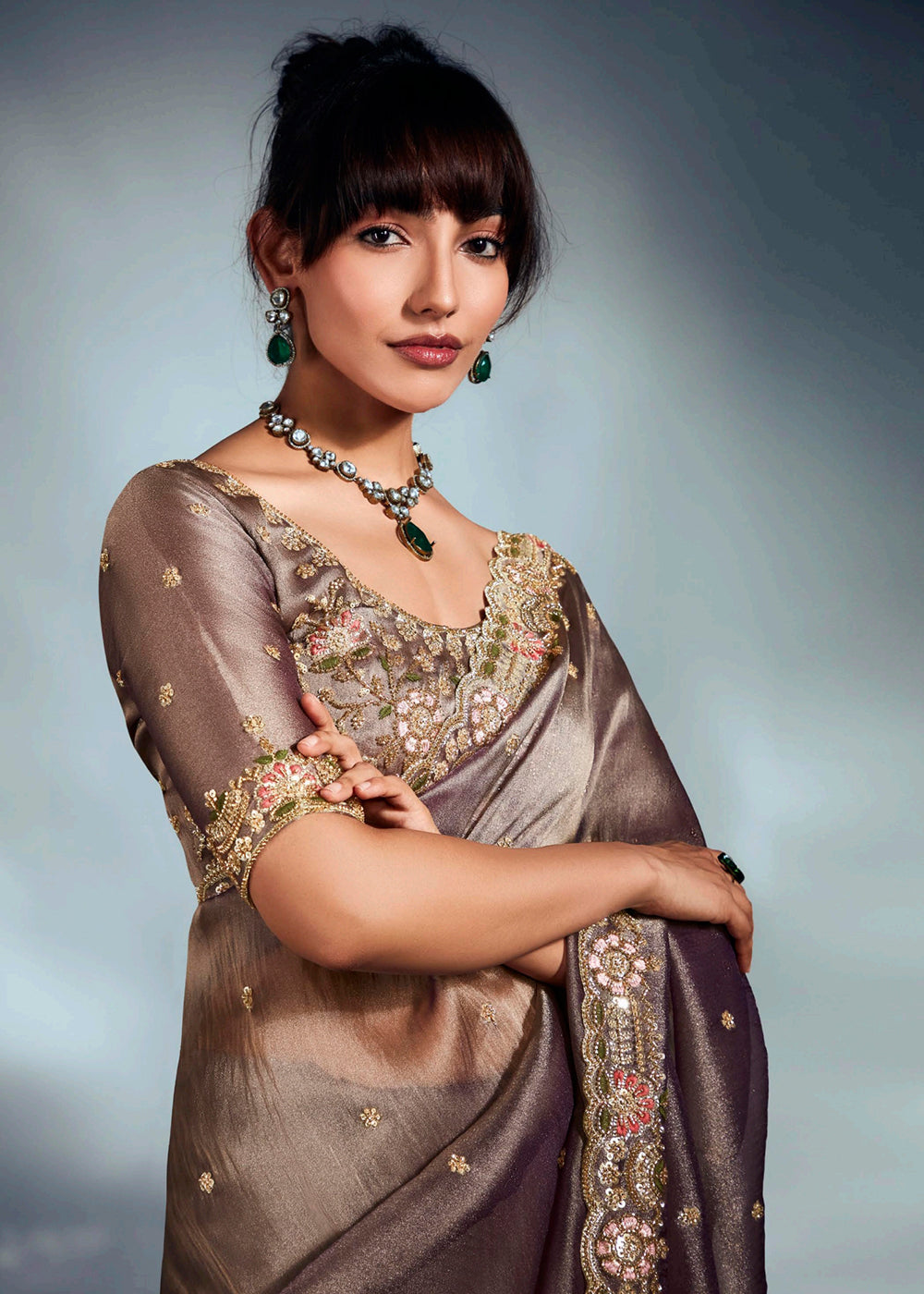 Buy Brown Organza Khatli Work Designer Party Saree Online in USA, UK, Canada, France, Germany, Italy, Denmark, UAE, Singapore, Belgium & Worldwide at Empress.