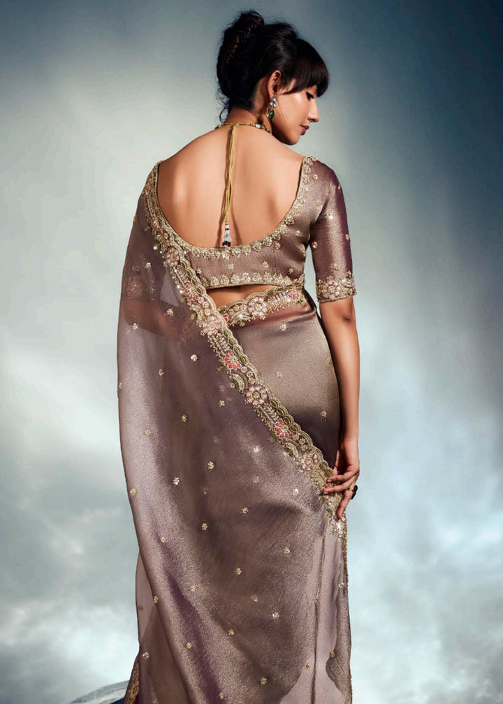 Buy Brown Organza Khatli Work Designer Party Saree Online in USA, UK, Canada, France, Germany, Italy, Denmark, UAE, Singapore, Belgium & Worldwide at Empress.