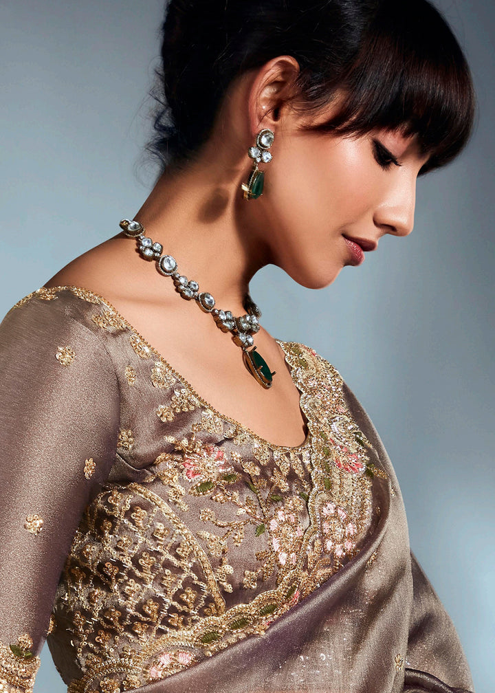 Buy Brown Organza Khatli Work Designer Party Saree Online in USA, UK, Canada, France, Germany, Italy, Denmark, UAE, Singapore, Belgium & Worldwide at Empress.