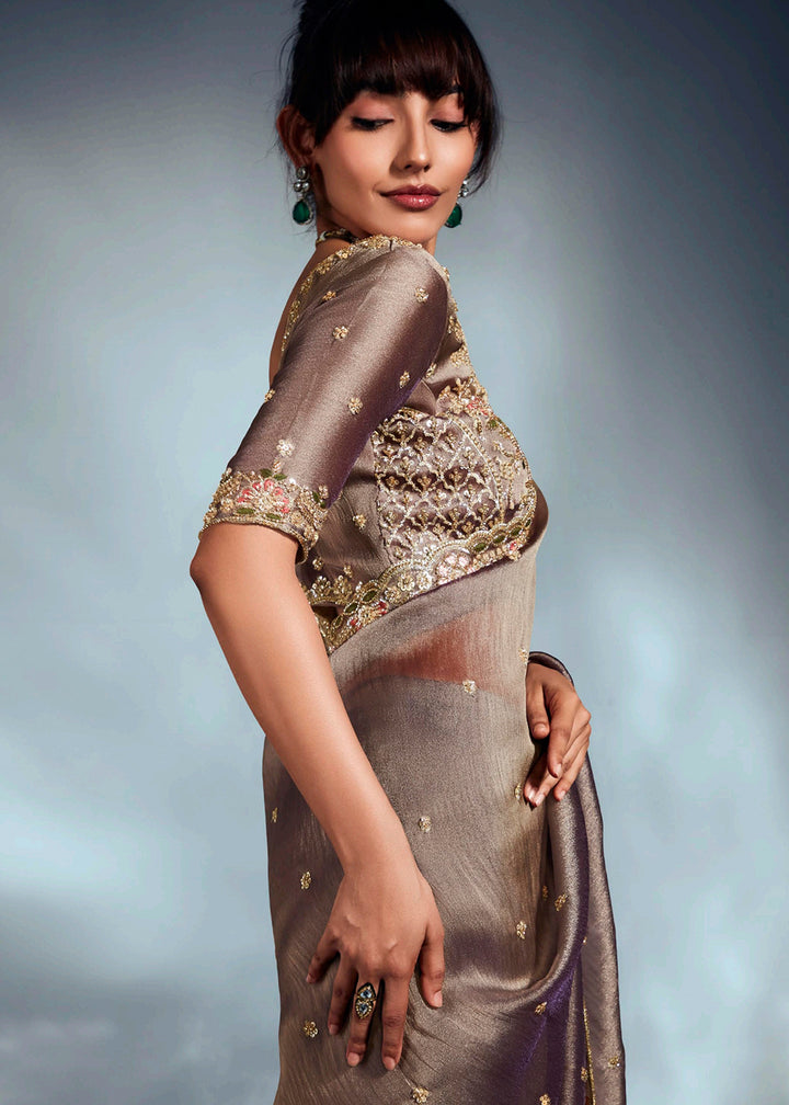 Buy Brown Organza Khatli Work Designer Party Saree Online in USA, UK, Canada, France, Germany, Italy, Denmark, UAE, Singapore, Belgium & Worldwide at Empress.