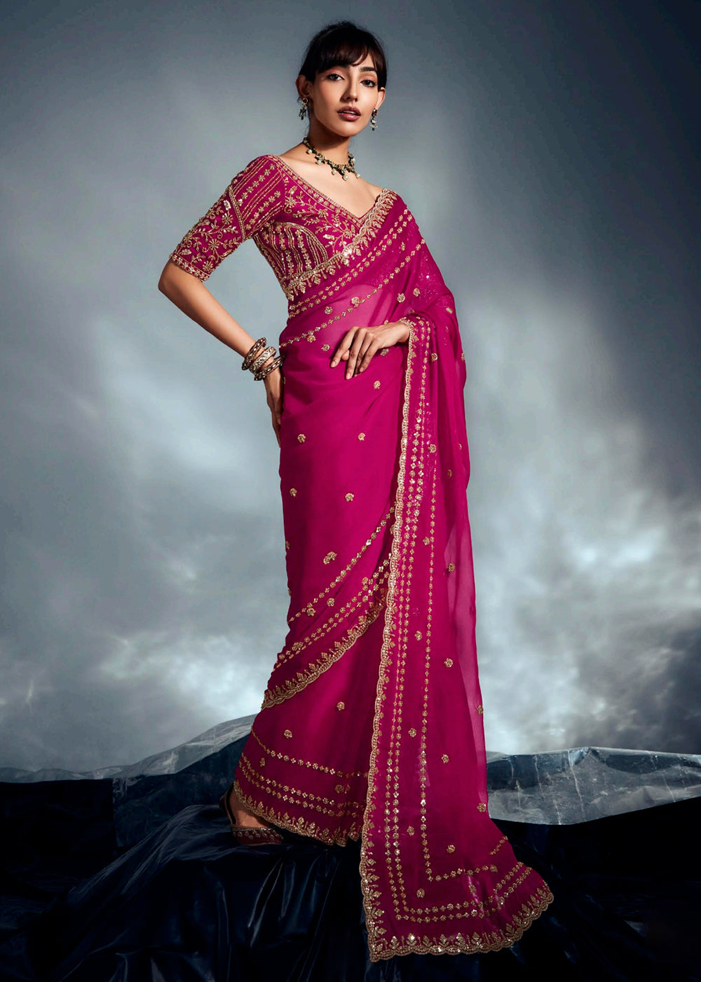 Buy Pink Organza Khatli Work Designer Party Saree Online in USA, UK, Canada, France, Germany, Italy, Denmark, UAE, Singapore, Belgium & Worldwide at Empress.