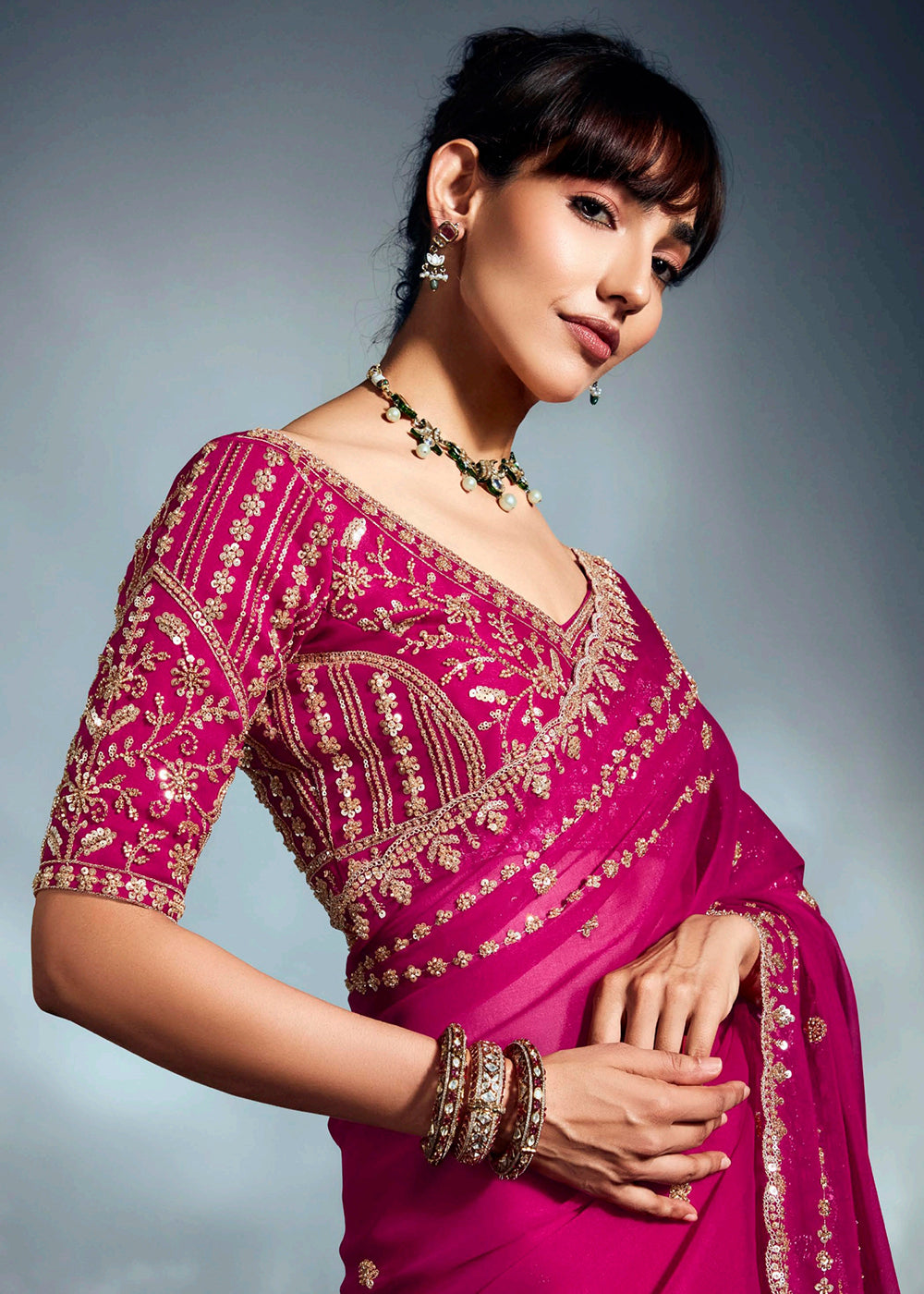Buy Pink Organza Khatli Work Designer Party Saree Online in USA, UK, Canada, France, Germany, Italy, Denmark, UAE, Singapore, Belgium & Worldwide at Empress.