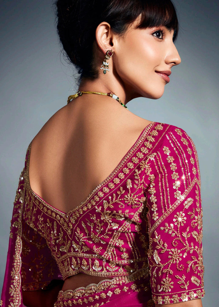 Buy Pink Organza Khatli Work Designer Party Saree Online in USA, UK, Canada, France, Germany, Italy, Denmark, UAE, Singapore, Belgium & Worldwide at Empress.