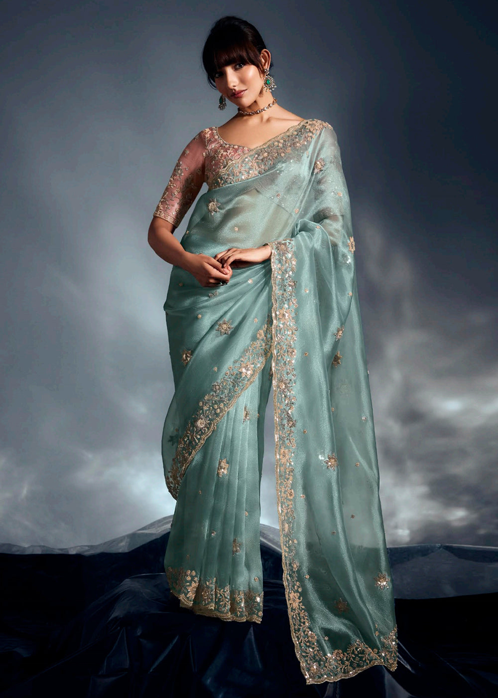 Buy Green Organza Khatli Work Designer Party Saree Online in USA, UK, Canada, France, Germany, Italy, Denmark, UAE, Singapore, Belgium & Worldwide at Empress.