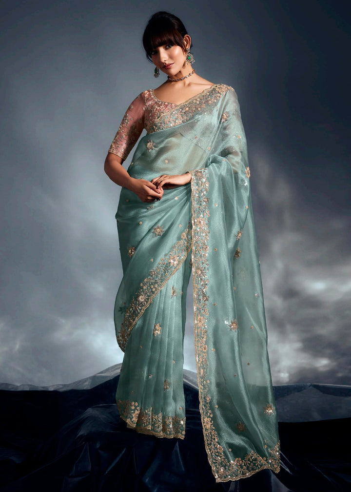 Buy Green Organza Khatli Work Designer Party Saree Online in USA, UK, Canada, France, Germany, Italy, Denmark, UAE, Singapore, Belgium & Worldwide at Empress.